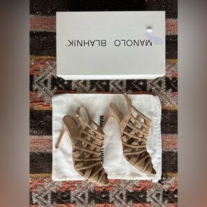 Manolo Blahnik Dance Caged Slingback Sandals Suede Beige Stiletto Heels